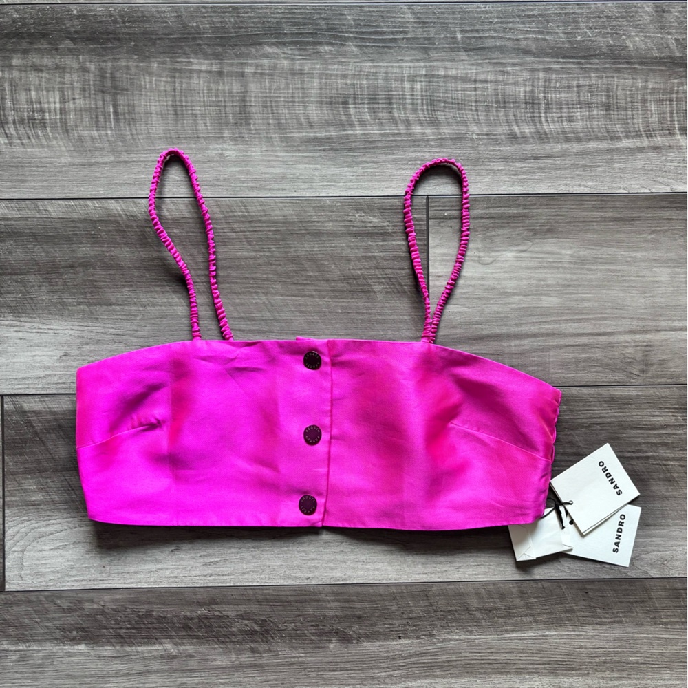 Sandro Hot Pink Satin Braided-Strap Crop Top 3 large - Picture 9 of 10